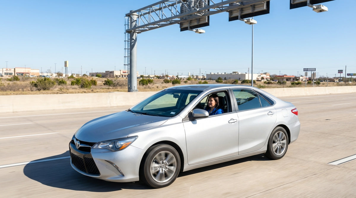 A modern car rental driving on a wide open highway under a big Texas sky