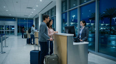 Illuminated car hire desks inside a quiet Orlando Airport terminal late at night