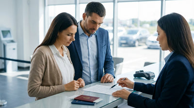 A person's hand signing a car hire contract at a rental desk in the United States