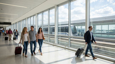 The elevated SFO AirTrain arriving at the car rental center station in San Francisco