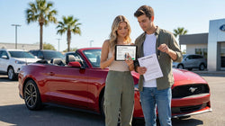 Young adult driving a car hire along a sunny Texas desert highway
