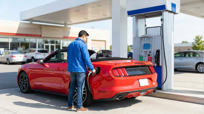 A convertible car rental driving down a palm-tree-lined road in sunny Florida