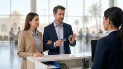 Traveler receiving keys from an agent at a car rental counter in Las Vegas
