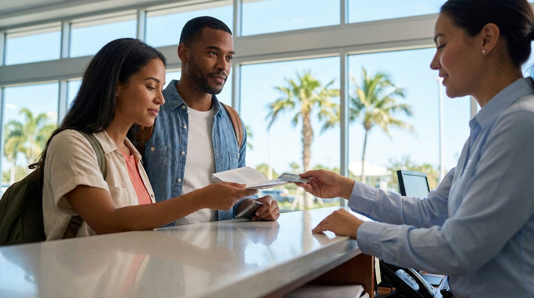 A convertible car hire driving down a scenic coastal highway lined with palm trees in Florida