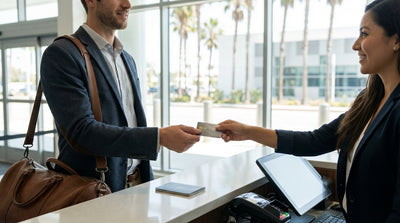 A convertible car hire drives down a scenic Los Angeles road lined with tall palm trees on a sunny day