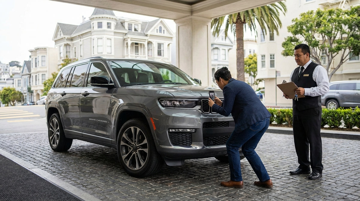 A person taking a photo of their car hire's bumper at a hotel valet in San Francisco