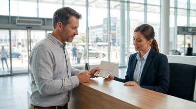 A person holding keys for their car rental with the yellow taxis and skyscrapers of New York City blurred behind them