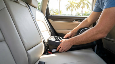 A father installs a child seat in the back of a Florida car hire vehicle under sunny palm trees