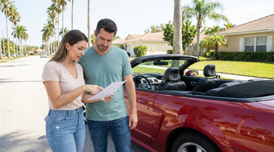 A silver car rental driving on a desert highway toward mountains in the United Estates