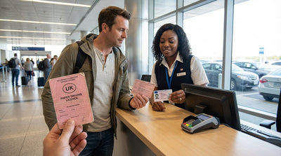 A convertible car hire driving on a scenic highway through mountains in the United States at sunset