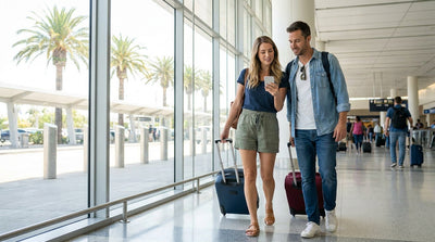 Travelers with suitcases walking toward the car rental pickup area in Miami airport