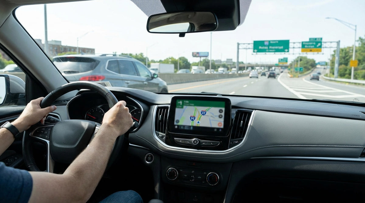 A white sedan car hire driving on a highway with the New York City skyline in the background