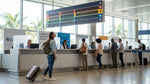 A row of shared car hire desks with various company logos inside the Miami Airport rental center