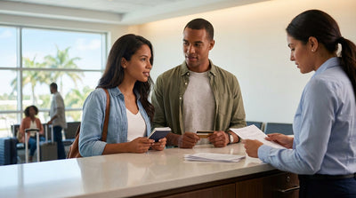 Red convertible car rental driving down Ocean Drive in sunny Miami with palm trees and art deco buildings