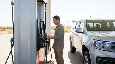 A person refueling a modern car rental at a gas station pump on a sunny day in Texas