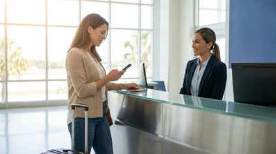 A person at a car rental counter in the Orlando airport terminal, receiving keys from an agent