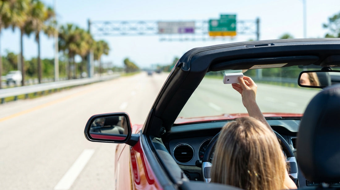 A car rental driving towards a SunPass toll gantry on a sunny highway in Florida