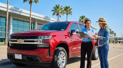 A person at a Texas airport counter reviewing their car rental agreement with an agent before taking the keys