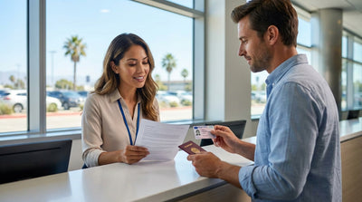 A red convertible car hire drives along the sunny Pacific Coast Highway in California