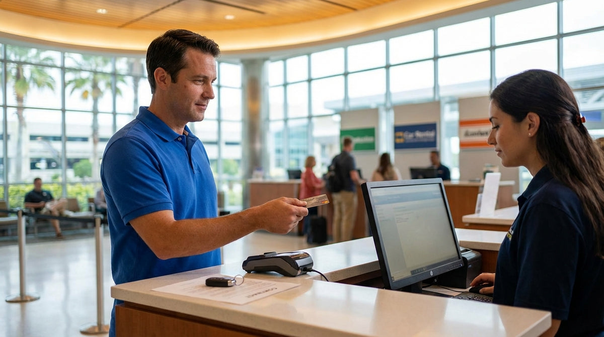 A row of clean cars available for car rental in a bright, modern garage at the Orlando airport