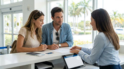 Customer receiving keys from an agent at a bright car hire counter in Miami