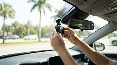 A dash cam films a sunny, palm-lined road from the windscreen of a Florida car hire