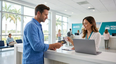 A convertible car hire driving on a scenic coastal road with palm trees on a sunny day in Florida