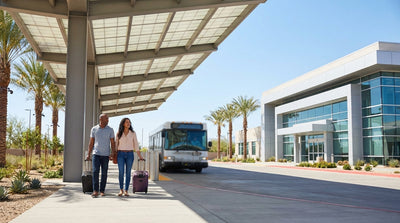 A wide-angle shot of the Las Vegas airport car hire center building on a sunny day