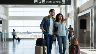 Travelers with luggage walking toward a car hire shuttle bus outside JFK Terminal 4 in New York