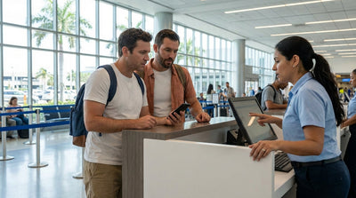 A red convertible car hire driving down a palm tree-lined road in sunny Miami