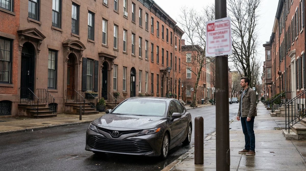 A tow truck in Philadelphia, Pennsylvania, removes a car hire from a street marked as a courtesy tow zone