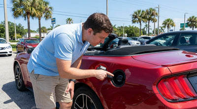 A person checking the fuel cap of a modern car hire vehicle in a sunny Florida parking lot