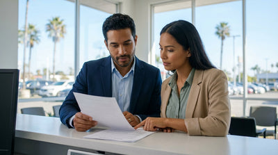A person reviewing a car rental agreement with keys on a counter before a road trip in California