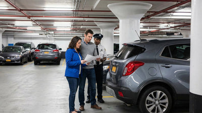 A driver in a car rental navigates the tight exit of a multi-level parking garage in New York