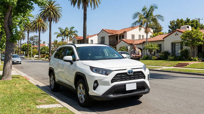 A car hire parked facing against traffic on a sunny, palm-lined residential street in California