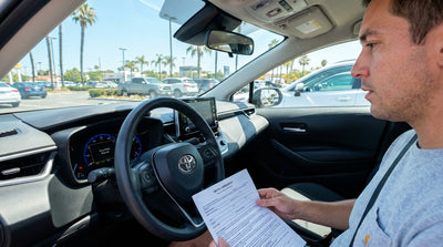 A driver's view of a car hire dashboard in California with a check engine light illuminated