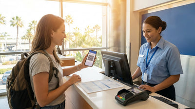 A convertible car rental driving down a scenic, sunny highway along the California coast