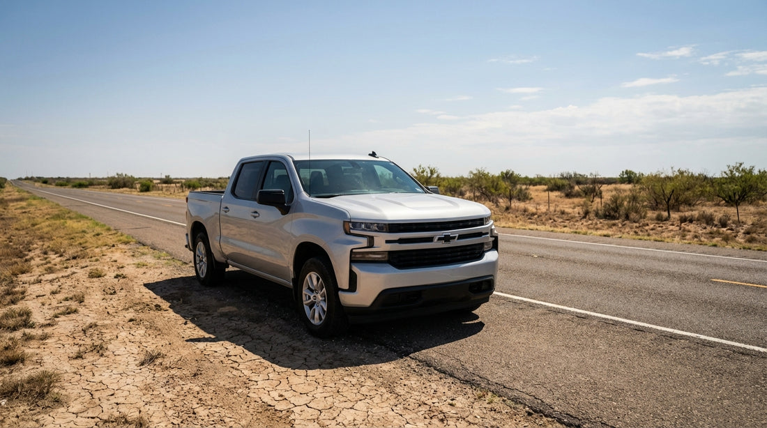 A car hire driving down an empty two-lane highway through the vast, open landscape of Texas