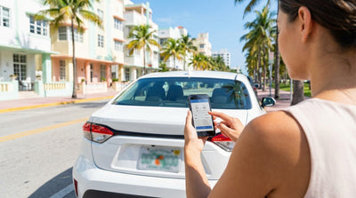 A person uses a phone parking app for their car rental on a sunny, palm-lined street in Miami