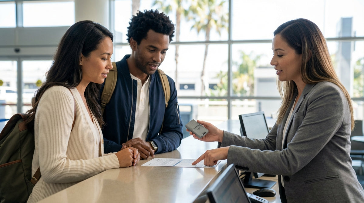 A rental car drives across the iconic Golden Gate Bridge in sunny California