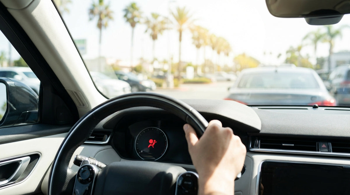A driver's view of an illuminated airbag warning light on the dashboard of a car rental in California
