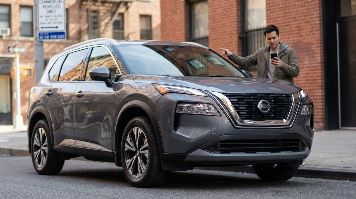 A car rental is parked on a New York City street next to a 'Commercial Vehicles Only' sign