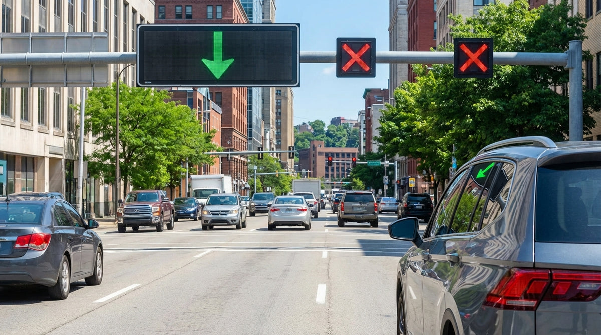 A car hire in rush hour traffic on a Pittsburgh bridge under green arrow lane control signals in Pennsylvania