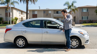 A white car rental with a shattered side window parked on a sunny street in Los Angeles