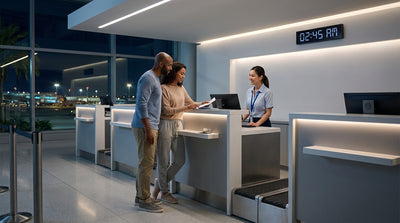Rows of cars parked at a Miami airport car rental facility with palm trees in the background