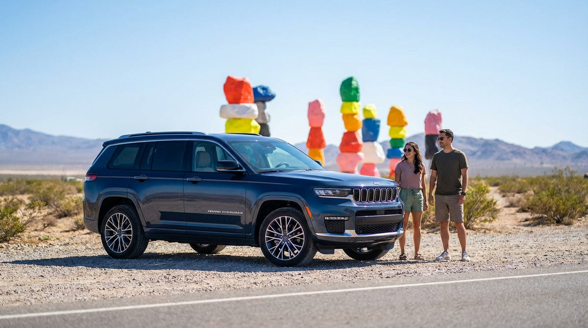 A car hire parked near the colorful Seven Magic Mountains art installation in the desert outside Las Vegas