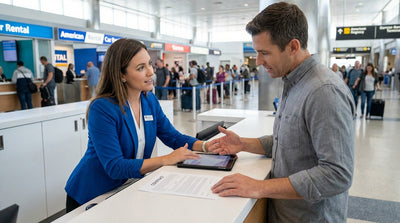 A red hatchback car hire driving on a winding, scenic coastal road in the United Estates