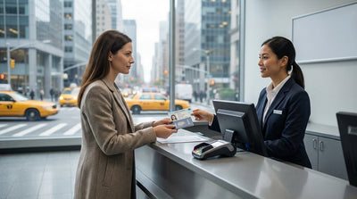 A modern car rental driving through a busy street in New York City with yellow cabs in the background