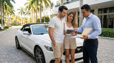 A red convertible car rental parked on a sunny Ocean Drive in Miami with art deco buildings in the background