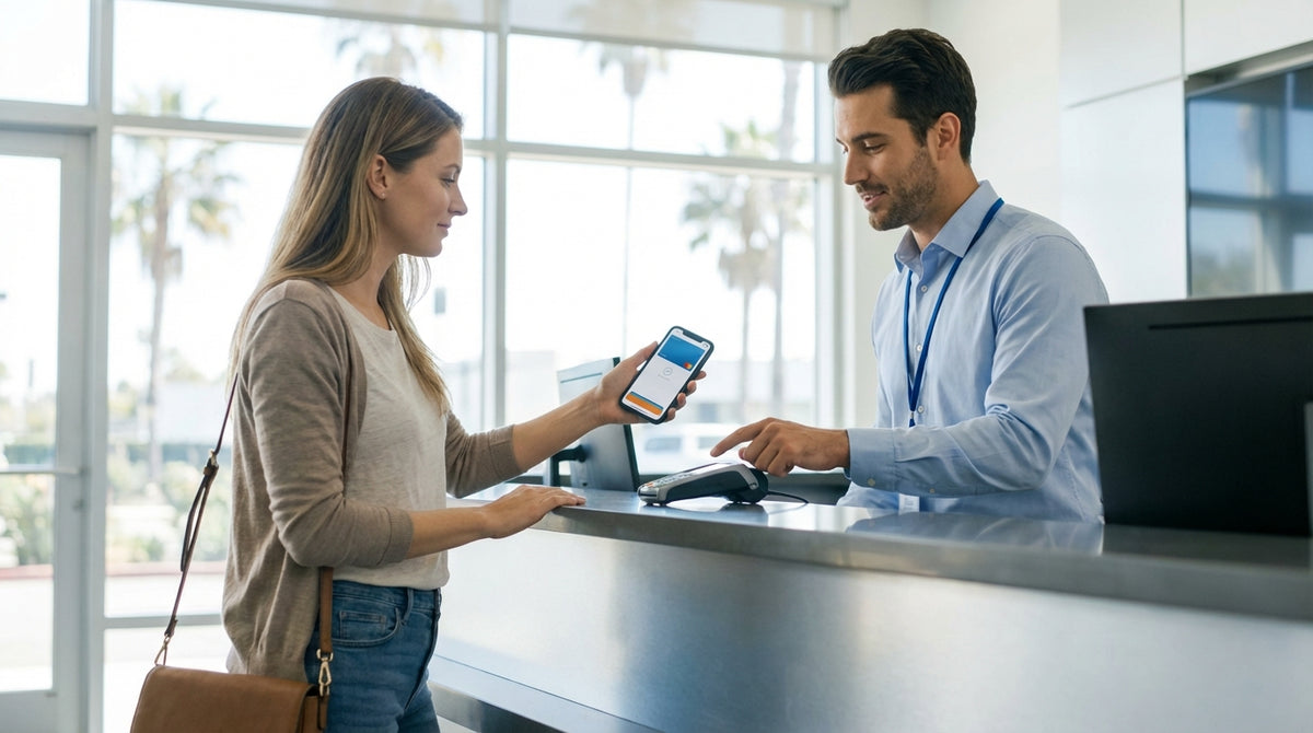 A smiling customer receives the keys for their car hire from an agent at a rental lot in sunny California